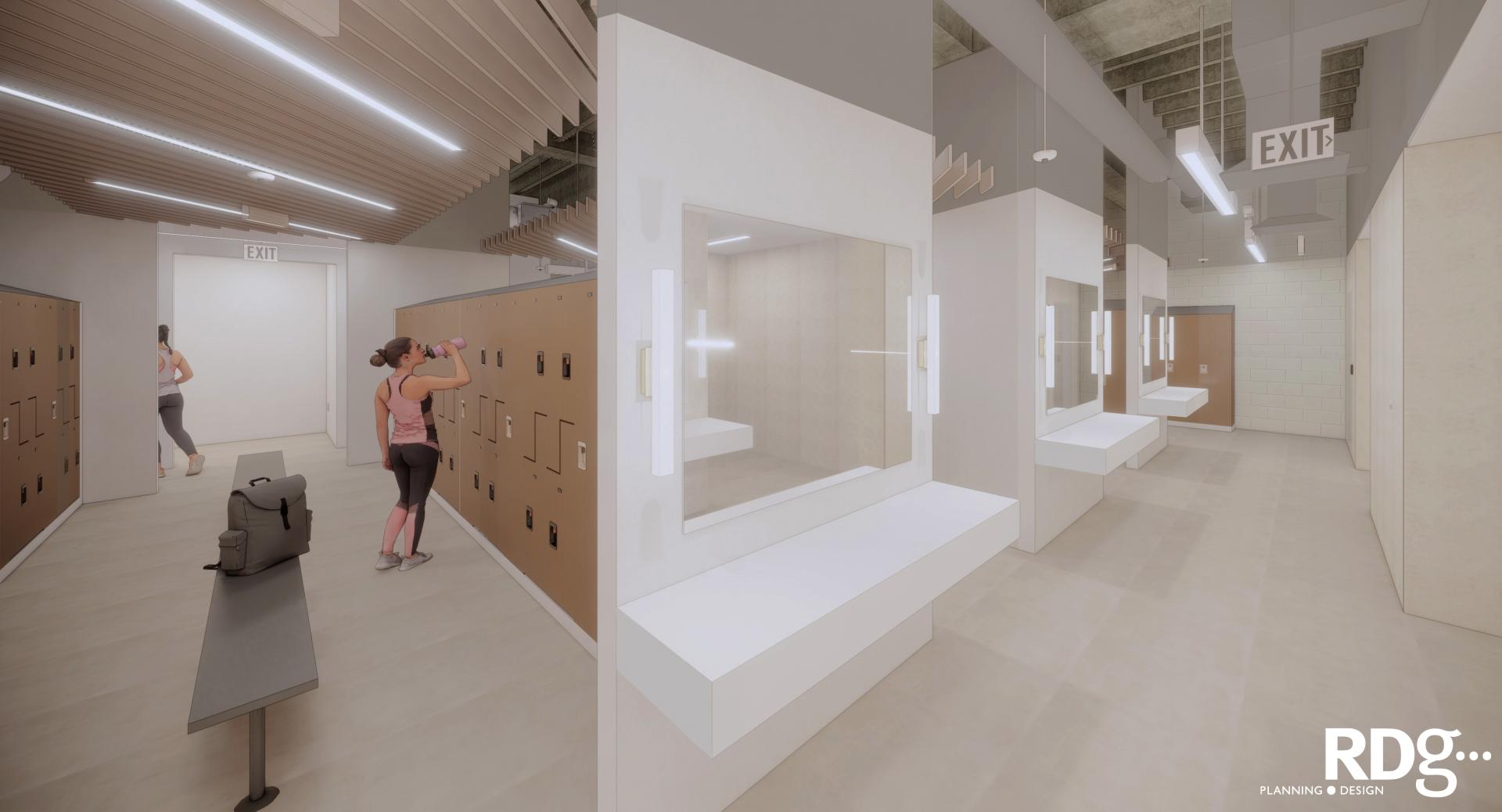 Architectural rendering of the women's locker room for the Campus Recreation renovation project