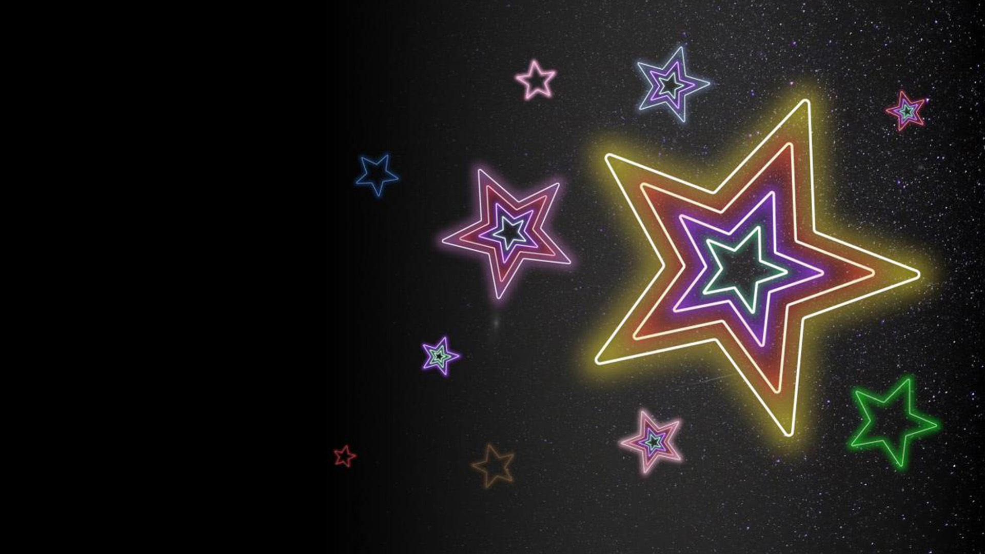 Multi-colored, neon stars on a black to starry background