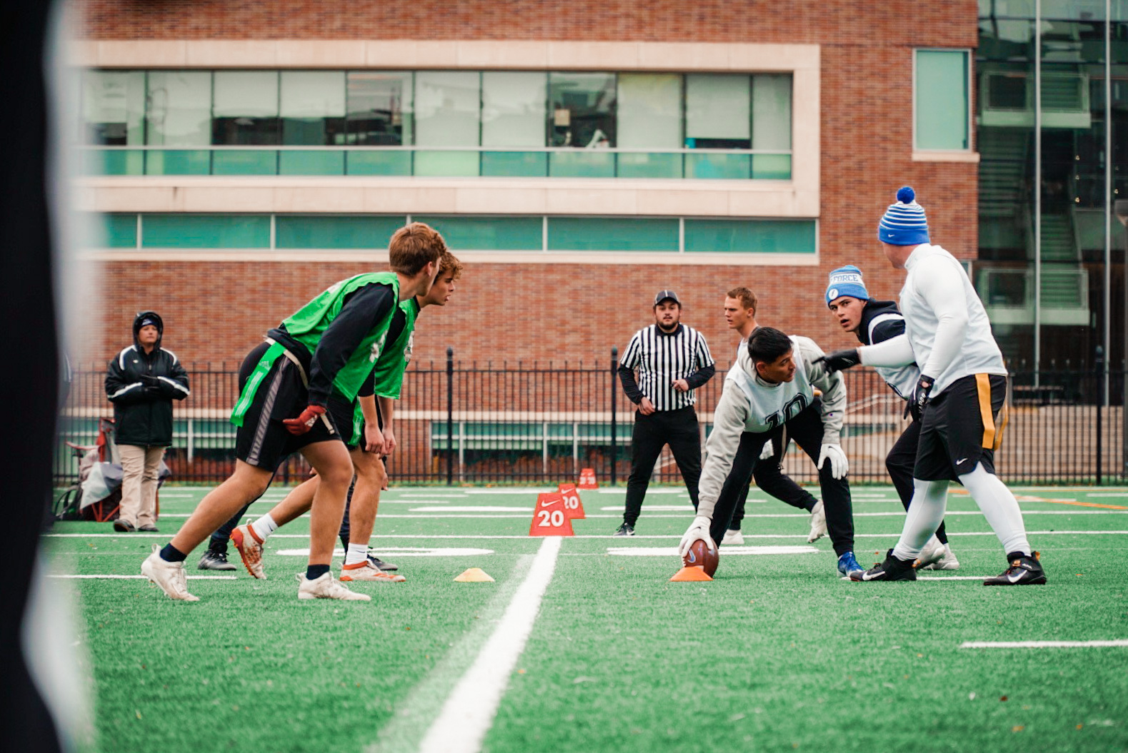 Looking down the line of scrimmage at a flag football game.