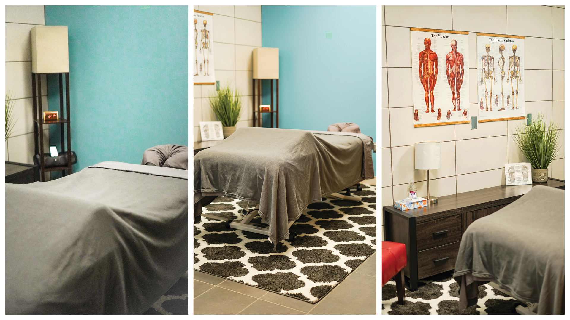 Pictures of the massage therapy space at the University Health Center.
