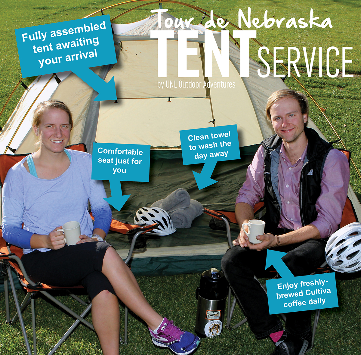 Tent service diagram with tent setup, clean towel each day and chair to sit in.