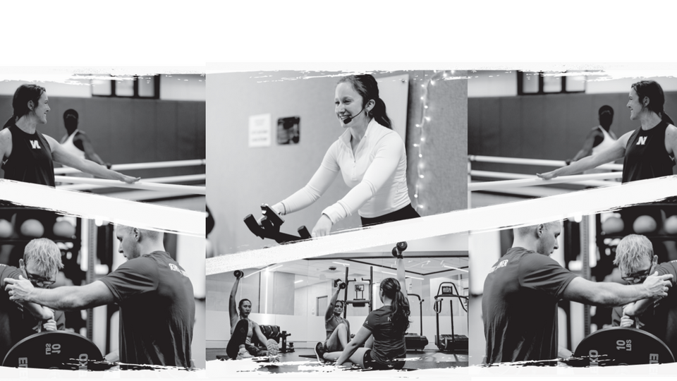 A collage of images shows two female group fitness instructors leading classes and two personal trainers instructing clients in a workout.