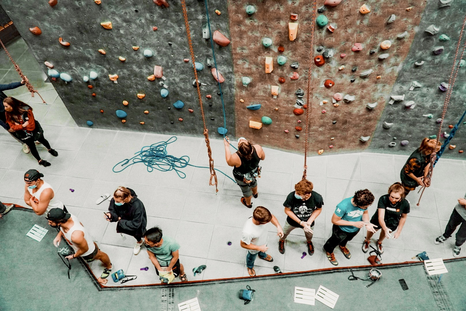 Climbers enjoy the climbing wall