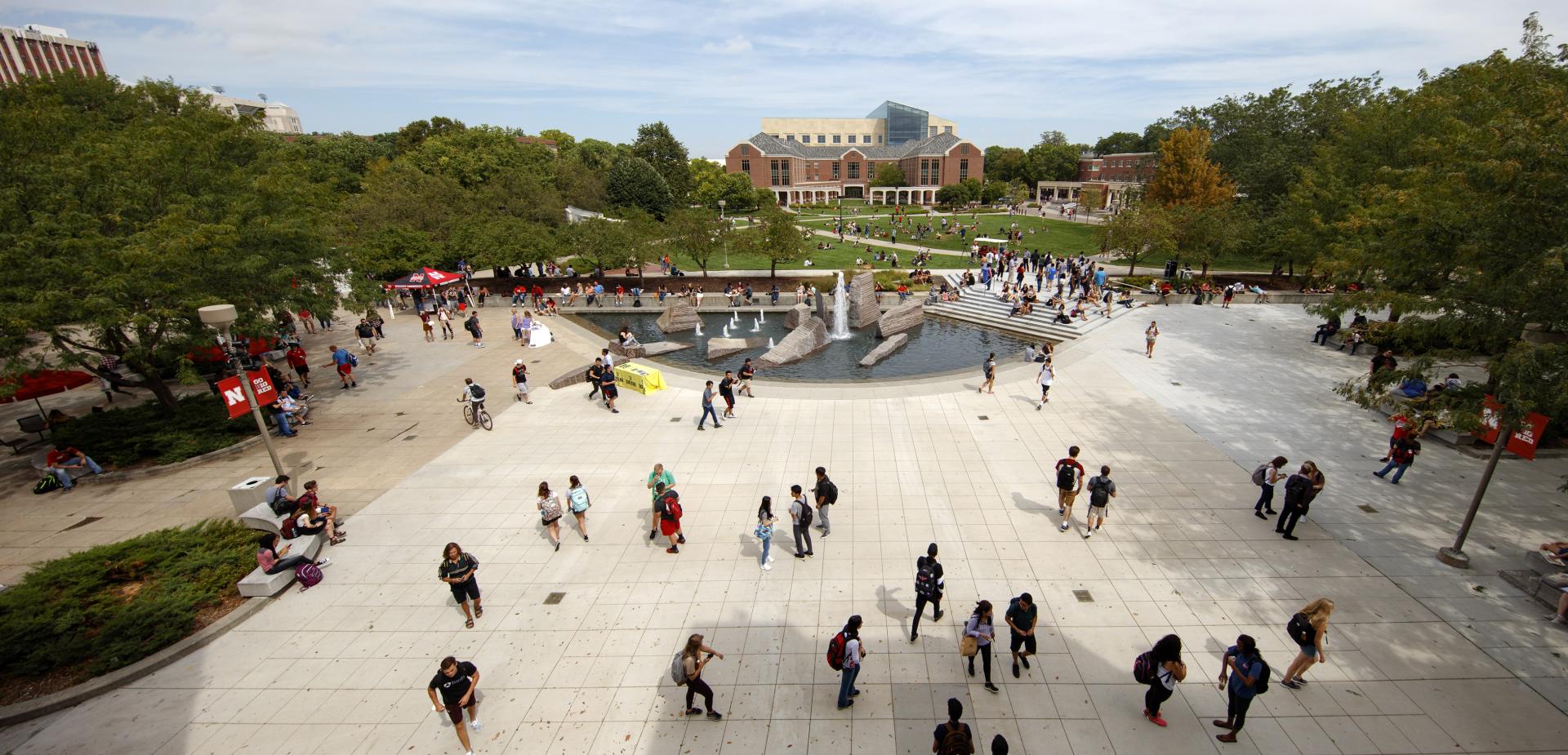 The Union plaza is buzzing with activity as students walk to and from class