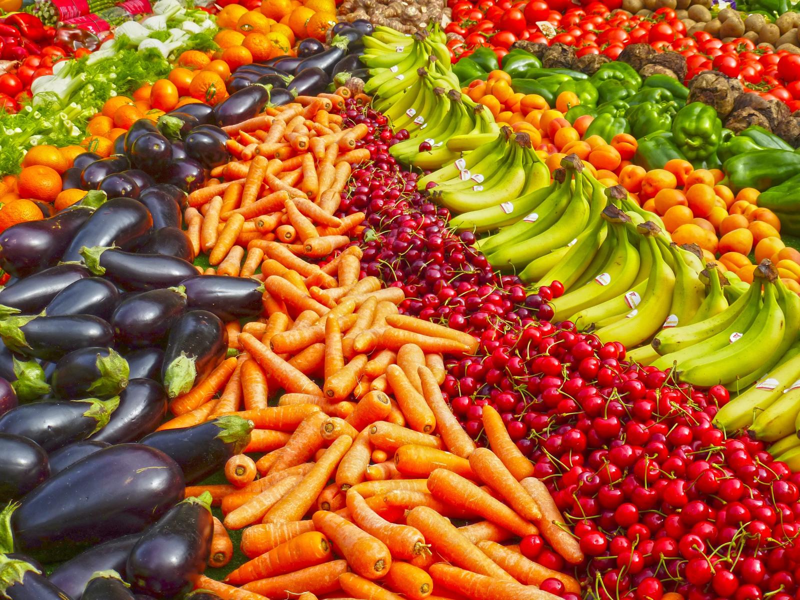 Fruits and vegetables laid out