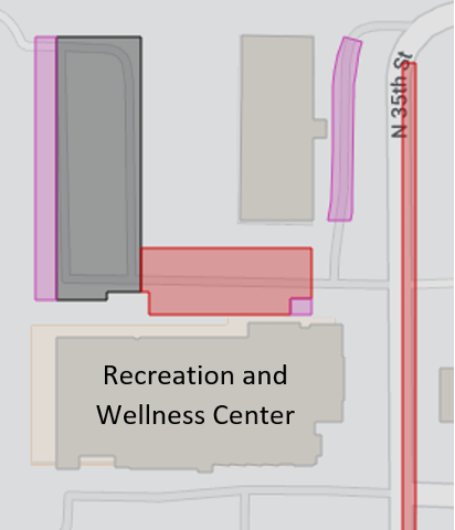 Color-coded parking map for the Recreation and Wellness Center.